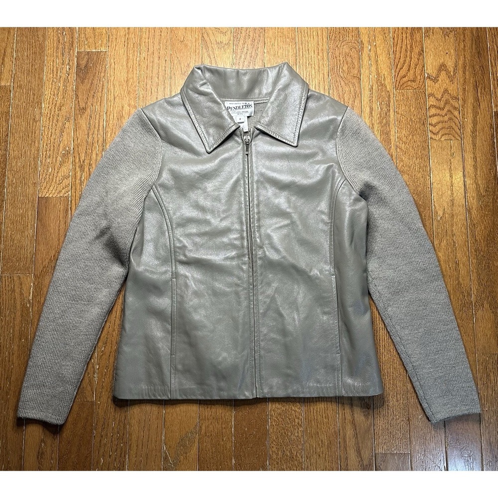 Pendleton Women Petite Jacket Merino Wool Sleeves Leather Body Biker Style Gray